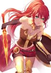  armlet bare_shoulders belt black_gloves black_skirt breasts buckle cleavage commentary_request corset elbow_gloves forehead_protector gloves greaves green_eyes holding holding_sword holding_weapon leg_armor long_hair medium_breasts miniskirt ponytail pyrrha_nikos red_hair rwby shield skirt solo standing sword weapon xiphos_(sword) yappen 