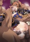  2boys anal armor beard beatrix_(granblue_fantasy) brown_hair censored double_penetration facial_hair finger_in_another's_mouth from_below fugakuhyakkei gloves granblue_fantasy green_eyes looking_at_viewer looking_down mosaic_censoring multiple_boys ponytail rape slap_mark spanked steam thighhighs turban vaginal 