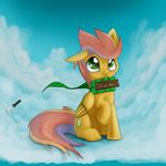 day detailed_background english_text equine fan_character feathers feral fur green_eyes hair hooves mammal my_little_pony outside pegasus pink_hair rain-gear sky text wings yellow_feathers yellow_fur 
