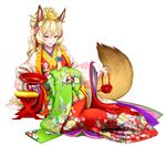  :q animal_ears artist_request blonde_hair carrying character_request floral_print fox_ears fox_girl fox_tail furisode hair_ornament hair_over_shoulder hairpin high_ponytail japanese_clothes kimono long_hair long_sleeves official_art red_eyes solo tail teapot tongue tongue_out wide_sleeves youkai_hyakki-tan! 