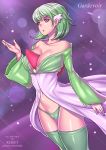  1girl artist_name bangs bare_shoulders breasts cameltoe character_name collarbone dress english_text female gardevoir gen_3_pokemon giovanni_zaccaria green_hair green_legwear green_panties hand_up lips long_sleeves medium_breasts navel no_bra off_shoulder open_mouth panties patreon_username personification purple_background red_eyes shiny shiny_hair shiny_skin short_hair solo standing thighhighs underwear watermark web_address 