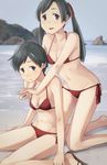  alternate_costume bad_id bad_pixiv_id beach bikini black_hair breasts closed_mouth collarbone day grey_eyes hug kantai_collection kneeling long_hair looking_at_viewer makio_(makiomeigenbot) mikuma_(kantai_collection) mogami_(kantai_collection) multiple_girls navel ocean open_mouth outdoors red_bikini sandals short_hair sitting sky small_breasts swimsuit twintails wariza water 