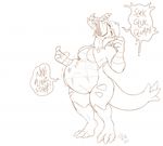  2016 anthro anthrofied belly big_belly breasts canine claws cownugget dialogue drooling duo english_text fan_character featureless_breasts female fur hair long_hair long_tongue male mammal monochrome neck_bulge nintendo nude open_mouth pok&eacute;mon pok&eacute;morph ponytail saliva scales signature speech_bubble swallowing text toe_claws tongue tongue_out tyranitar video_games voluptuous vore wide_hips zoroark 
