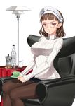  alcohol bialetti bottle breasts brown_eyes brown_hair chair closed_mouth coffee coffee_maker_(object) creamer_(vessel) cup glasses grappa hammerman_benkei italian_flag kantai_collection l'omino_coi_baffi lamp large_breasts legs long_sleeves looking_at_viewer miniskirt moka_pot on_chair pantyhose pince-nez pleated_skirt ribbed_sweater roma_(kantai_collection) saucer short_hair simple_background sitting skirt sleeves_past_wrists solo sugar_bowl sweater teacup thighs turtleneck wavy_hair white_background white_sweater 
