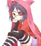  animal_hood bad_id bad_twitter_id badge belt black_hair button_badge chain commentary_request crescent eyepatch frown hand_rest hayasaka_mirei heart hood idolmaster idolmaster_cinderella_girls jitome korean_commentary lavender_skirt long_sleeves looking_at_viewer misha_(hoongju) multicolored_hair pout red_hair red_shirt shirt short_over_long_sleeves short_sleeves simple_background sitting solo streaked_hair striped striped_legwear white_background yellow_eyes 