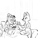  2016 anthro arctic_fox bandage bed black_and_white canine clothed clothing cone_of_shame disney duo feeding female food fox male mammal monochrome nick_wilde replytoanons sitting skye_(zootopia) smile topless wounded zootopia 