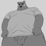  anthro balls bear blush bottomless clothed clothing erection grey_background male mammal oak orchish_(pixiv) penis simple_background solo 