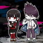  1girl :t brown_hair chibi danganronpa facial_hair goatee grin hand_on_hip harukawa_maki jacket_on_shoulders looking_away lowres mole mole_under_eye momota_kaito new_danganronpa_v3 one_eye_closed pleated_skirt purple_eyes purple_hair red_eyes red_legwear red_scrunchie school_uniform scrunchie serafuku shimada_(dmisx) skirt slippers smile starry_sky_print twintails v-shaped_eyebrows 