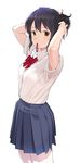  adjusting_hair armpit_peek armpits arms_up black_hair bra bra_peek bra_slip commentary_request cowboy_shot dress_shirt expressionless highres kimi_no_na_wa mibu_natsuki miyamizu_mitsuha mouth_hold pleated_skirt ponytail ribbon ribbon_in_mouth school_uniform shirt shirt_tucked_in short_hair short_sleeves simple_background skirt solo tying_hair underwear white_background 