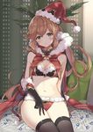  bikini breasts brown_hair cape christmas clarisse_(granblue_fantasy) cleavage fur_trim gloves granblue_fantasy green_eyes hat long_hair medium_breasts midriff nanananana navel ponytail santa_hat sitting solo swimsuit thighhighs 