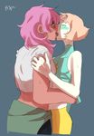  barbell_piercing blush closed_eyes ear_piercing forehead_jewel french_kiss highres kiss midriff multiple_girls mystery_girl_(steven_universe) nyong-choi pale_skin pearl_(steven_universe) piercing pink_hair shirt_lift steven_universe sweat sweatdrop undressing yuri 