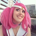  city cosplay feli_dragoon hair_ornament league_of_legends looking_at_viewer luxanna_crownguard open_mouth outdoor photo pink_hair star teeth twintails wig 