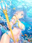  ;d air_bubble bikini blue_bikini blue_hair blush braid breasts bubble coral detached_sleeves ebisque fish floating_hair french_braid hair_ornament holding holding_staff long_hair looking_at_viewer medium_breasts navel no_pupils official_art one_eye_closed open_mouth puffy_short_sleeves puffy_sleeves shell_earrings short_sleeves smile solo staff star star_hair_ornament striped striped_bikini swimsuit underwater valhalla_valkyries veil very_long_hair watermark 
