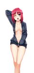  arm_behind_head blue_eyes breasts cleavage hair_in_mouth hand_in_pocket highres hisui hood hoodie medium_breasts naked_hoodie navel one_eye_closed open_mouth red_hair solo standing tsukihime twrlare unzipped white_background yawning 