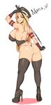  aqua_eyes ass black_legwear blonde_hair boots breasts bustier dungeon_and_fighter female_gunner_(dungeon_and_fighter) hat high_heels highres large_breasts long_hair maria_tr military_hat solo thigh_boots thighhighs thighs thong urec whip 