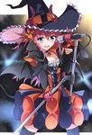  bat_wings black_legwear blue_eyes blush choker commentary_request demon_tail detached_sleeves dragon_girl elizabeth_bathory_(fate) elizabeth_bathory_(fate)_(all) elizabeth_bathory_(halloween)_(fate) eyebrows eyebrows_visible_through_hair fang fate/grand_order fate_(series) hair_between_eyes halloween hat holding holding_microphone long_hair microphone open_mouth pink_hair solo tail tsuedzu wings witch_hat 