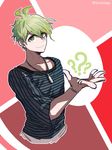  ? amami_rantarou danganronpa ear_piercing green_eyes green_hair himduldago looking_at_viewer male_focus monochrome_background new_danganronpa_v3 piercing red_background smile solo twitter_username upper_body 