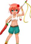  1girl bare_shoulders belt flower flower_knight_girl hair_flower hair_ornament hibiscus_(flower_knight_girl) holding looking_at_viewer midriff navel neko_miyabi_(artist) open_mouth red_hair shiny shiny_hair shiny_skin short_hair solo standing 