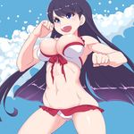  :o alternate_costume bikini black_hair blue_background breasts bursting_breasts cloud day fate/grand_order fate_(series) fighting_stance katuhata long_hair medium_breasts navel open_mouth red_bikini saint_martha saint_martha_(swimsuit_ruler)_(fate) solo swimsuit thighs toned white_bikini 