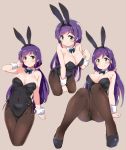  1girl animal_ears bare_shoulders breasts bunny_ears bunnysuit cleavage green_eyes highres kurokawa_makoto large_breasts love_live! love_live!_school_idol_project low_twintails multiple_views pantyhose purple_hair scrunchie toujou_nozomi twintails 