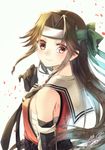  artist_name bad_id bad_pixiv_id blush brown_eyes brown_hair dated elbow_gloves forehead_protector from_side gloves headband jintsuu_(kantai_collection) kantai_collection light_smile long_hair looking_at_viewer neckerchief petals remodel_(kantai_collection) school_uniform serafuku sidelocks simple_background sleeveless solo upper_body white_background yuihira_asu 