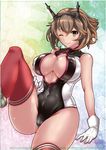  alternate_costume breasts brown_hair cleavage competition_swimsuit front_zipper_swimsuit gloves hand_on_thigh headgear kantai_collection kuga_zankurou large_breasts looking_at_viewer meme_attire mutsu_(kantai_collection) one-piece_swimsuit one_eye_closed rainbow_background red_legwear short_hair skindentation smile solo striped striped_legwear swimsuit underboob white_gloves wide_hips yellow_eyes 