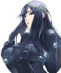  black_hair bodysuit breasts gantz gantz_suit grabbing iku_(ikuchan_kaoru) kujuu_shikuro large_breasts long_hair shimohira_reika skin_tight solo 