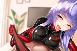 1boy 1girl asagami_fujino bodysuit clothed_female_nude_male damao_yu day erect_nipples erection eyebrows_visible_through_hair fate_(series) gimp_suit girl_on_top highres indoors kara_no_kyoukai latex_bodysuit leash licking_lips lotion naughty_face nude penis plant potted_plant purple_hair red_eyes shiny skin_tight television tongue tongue_out 