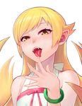  :d bakemonogatari bare_shoulders blonde_hair bracelet fangs gamerag jewelry long_hair looking_at_viewer monogatari_(series) open_mouth oshino_shinobu pointy_ears saliva simple_background smile solo teeth tongue tongue_out white_background yellow_eyes 