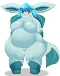  2015 belly big_belly big_breasts blue_eyes blush breasts eeveelution featureless_breasts female funi glaceon huge_breasts hyper hyper_belly looking_at_viewer nintendo obese overweight pok&eacute;mon solo thick_thighs video_games wide_hips 