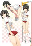  :d absurdres adjusting_buruma adjusting_clothes ass bent_over brown_eyes buruma flag from_behind from_side fubuki_(kantai_collection) gintarou_(kurousagi108) gym_uniform hair_tie hands_on_own_knees highres kantai_collection kneehighs low_ponytail multiple_views name_tag numbered_flag open_mouth shoes smile sneakers sports_festival sweatdrop white_legwear 