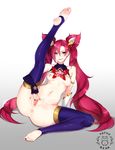  1girl adapted_costume alternate_costume alternate_hair_color anus areolae artist_name breasts clitoris elbow_gloves feet fingerless_gloves hair_between_eyes jinx_(league_of_legends) league_of_legends leg_up lipstick long_hair looking_at_viewer magical_girl makeup navel nipples parted_lips pussy red_hair smile soles solo star_guardian_jinx thighhighs toenail_polish toes tofuubear twintails urethra very_long_hair white_background 