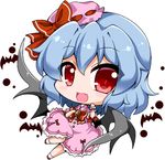  :d bangs bat bat_wings blue_hair blush bow bowtie brooch chibi commentary dress eyebrows eyebrows_visible_through_hair fang frilled_dress frills full_body hat hat_bow jewelry looking_at_viewer mini_hat mob_cap noai_nioshi open_mouth pink_dress puffy_short_sleeves puffy_sleeves red_bow red_eyes red_neckwear remilia_scarlet short_sleeves simple_background smile solo touhou white_background white_legwear wings 