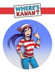  blue_hair commentary cosplay denim eighth_note english hand_in_pocket hat highres jeans love_live! love_live!_sunshine!! matsuura_kanan musical_note one_eye_closed pants purple_eyes ryz4 shirt solo striped striped_shirt wally wally_(cosplay) watch where's_wally 
