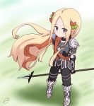  1girl abigail_williams_(fate/grand_order) achilles_(fate) achilles_(fate)_(cosplay) arm_behind_back arm_grab armored_boots bangs black_gloves black_pants blonde_hair blue_eyes blush boots bow breastplate brown_bow closed_mouth commentary_request cosplay eyebrows_visible_through_hair eyes_visible_through_hair fate/grand_order fate_(series) forehead from_above gloves green_bow hair_bow highres holding holding_spear holding_weapon kujou_karasuma long_hair looking_at_viewer looking_up multiple_hair_bows pants parted_bangs pauldrons polearm signature solo spear standing very_long_hair weapon 
