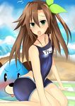  1girl artist_request bare_shoulders beach blush breasts brown_hair choujigen_game_neptune collarbone compile_heart dogoo green_eyes hair_bow idea_factory if_(choujigen_game_neptune) long_hair looking_at_viewer neptune_(series) open_mouth shiny shiny_clothes shiny_hair shiny_skin side_ponytail swimsuit wariza 