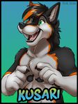  2016 5_fingers anthro black_border black_fur black_hair black_nose border canine claws digital_media_(artwork) dog fangs front_view fur gradient_background hair half-length_portrait heterochromia husky hybrid ifus kusari_huskami male mammal multicolored_fur multicolored_hair name_badge nude open_mouth orange_fur orange_hair portrait signature simple_background smile solo teeth two_tone_hair white_fur wolf wusky 