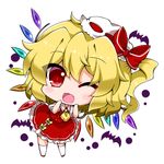  :d ascot bangs bat blonde_hair blush bow chibi commentary dress eyebrows eyebrows_visible_through_hair flandre_scarlet frilled_dress frills full_body hat hat_bow leaning_forward looking_at_viewer mini_hat mob_cap noai_nioshi one_eye_closed one_side_up open_mouth puffy_short_sleeves puffy_sleeves red_bow red_dress red_eyes short_sleeves simple_background smile solo standing thighhighs touhou white_background white_legwear wings yellow_bow 