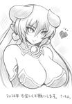  1girl astaroth_(shinrabanshou) bare_shoulders breasts demon_girl earrings female horns large_breasts long_hair monochrome pointy_ears shinrabanshou smile solo succubus 