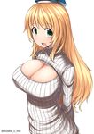  :d arms_behind_back atago_(kantai_collection) bangs beret blonde_hair blue_hat blush breasts closed_mouth eyebrows eyebrows_visible_through_hair from_above green_eyes hat kantai_collection large_breasts long_hair long_sleeves looking_at_viewer meme_attire nakamura_kusata open-chest_sweater open_mouth ribbed_sweater simple_background smile solo sweater turtleneck twitter_username upper_body white_background white_sweater 