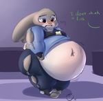  093_(artist) 2016 belly big_belly breasts clothed clothing disney english_text female hyper hyper_belly judy_hopps obese overweight solo text thick_thighs torn_clothing wide_hips zootopia 