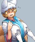  absurdres blonde_hair breast_squeeze breasts chanta_(ayatakaoisii) curvy dress hat highres huge_breasts mob_cap multiple_girls pillow_hat plump sweat tabard touhou white_dress yakumo_ran yakumo_yukari yellow_eyes 