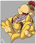  2016 anthro balls border bowser_jr. claws cub cum eyes_closed fangs fuf grey_background hi_res humanoid_penis koopa male mario_bros masturbation nintendo open_mouth penile_masturbation penis scalie simple_background solo toe_claws tongue tongue_out video_games white_border young 