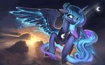 blue_eyes blue_feathers blue_fur blue_hair equine eyelashes feathered_wings feathers female feral flying friendship_is_magic fur hair hooves horn mammal moon my_little_pony night outside princess_luna_(mlp) rain-gear solo winged_unicorn wings 