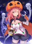  ;) ahoge basket bat_wings black_legwear bloomers blush breasts candy cape cleavage closed_mouth cowboy_shot crescent_moon demon_wings detached_collar eyebrows eyebrows_visible_through_hair food garter_straps ghost gloves hacka_doll hacka_doll_2 hair_between_eyes halloween halloween_basket halloween_costume highres holding holding_food jack-o'-lantern jchoy lollipop long_hair looking_at_viewer medium_breasts moon night one_eye_closed orange_gloves outdoors pink_eyes pink_hair pumpkin_hat smile sparkle swirl_lollipop thighhighs underwear wing_collar wings wrapped_candy 
