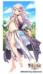  age_of_ishtaria barefoot bird breasts brown_eyes copyright_name eyebrows eyebrows_visible_through_hair feathers full_body groin hair_feathers hair_ornament highres instrument long_hair looking_at_viewer medium_breasts medoi navel one_side_up open_mouth original purple_hair saeki_touma sideboob solo 