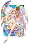  age_of_ishtaria angel_wings bangle barefoot barefoot_sandals bikini blonde_hair bow_(weapon) bracelet curly_hair flower hair_flower hair_ornament jewelry long_hair navel open_mouth original palm_tree pink_eyes side-tie_bikini solo swimsuit tree very_long_hair weapon wings yamanashi_kawanashi 