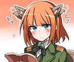  &gt;:( animal_ears bangs blue_eyes blunt_bangs blush brave_witches brown_hair chair commentary extra_ears flapping_ears frown gradient gradient_background gundula_rall himiya_ramune military military_uniform short_hair sitting solo sound_effects sweatdrop uniform upper_body v-shaped_eyebrows wolf_ears world_witches_series 