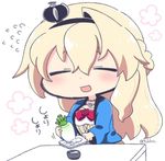  blonde_hair bowl braid chibi closed_eyes crown daikon dress french_braid grater grating hairband hanten_(clothes) japanese_clothes jewelry kantai_collection long_hair mini_crown necklace solo table tsukko_(3ki2ne10) warspite_(kantai_collection) 