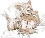  animal_ears artist_name ass breast_press breasts claws cleavage dangerous_beast elbow_gloves fate/grand_order fate_(series) finger_to_tongue fur-trimmed_gloves fur-trimmed_legwear fur_trim gloves hair_over_one_eye halloween_costume jpeg_artifacts large_breasts legs_up lying mash_kyrielight monochrome no_shoes o-ring o-ring_bottom o-ring_top on_stomach signature solo tail tongue tongue_out wolf_ears wolf_tail yang-do 